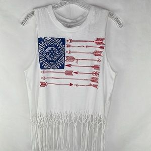 Messy Buns Lazy Days American Flag Arrows Fringed Tank Top
